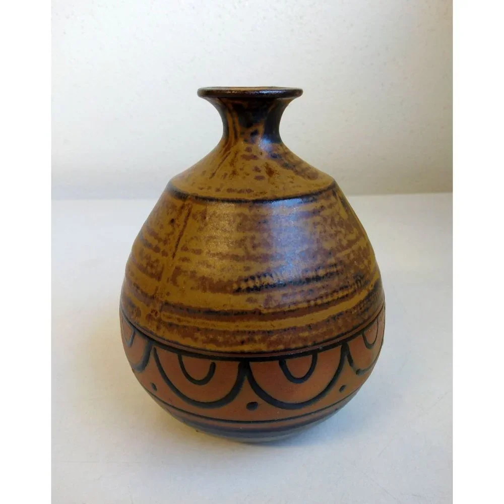 Studio Art Pottery Vase Narrow Neck Brown Stoneware Rustic Southwestern Decor